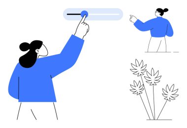 Kullanıcı arayüzü, dijital ayarlama, insan-makine etkileşimi, doğa gözlemi, minimum tasarım, e-öğrenme. Bir kadın sürgülü ile etkileşime giriyor ve bitkileri inceliyor. Kullanıcı arayüzü ve doğa