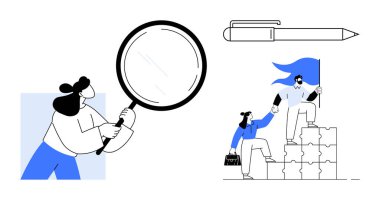 Takım çalışması, liderlik, keşif, problem çözme, analiz, hedef başarı. Elinde büyüteç, kalem ve işbirlikçi kişiler merdivenleri çıkıyor. Liderlik