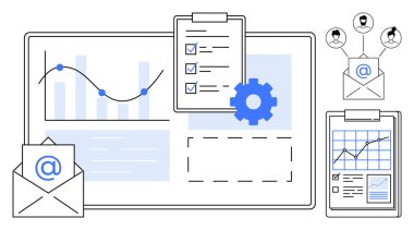 Veri analizleri, takım çalışması, e-posta iletişimi, proje yönetimi, iş akışı optimizasyonu, dijital raporlama. Grafikler, çizelgeler, kontrol listesi ve takım simgeleri olan bir panel. Veri analizi ve takım çalışması