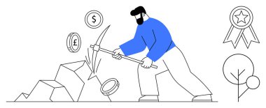 Kripto para birimi, finansal strateji, zenginlik yaratma, engelleme teknolojisi, yatırım, finansal fırsat. Kazma madeni para kullanan bir adam. Kripto para birimi ve finansal strateji kavramları