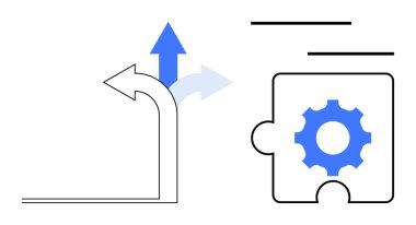 Karar yönlerini ve teçhizatlı yapboz parçasını gösteren oklar seçenekleri, stratejileri, çözümleri ve entegrasyonu vurguluyor. İş, planlama, sorun çözme, yenilik, büyüme ve takım çalışması için ideal