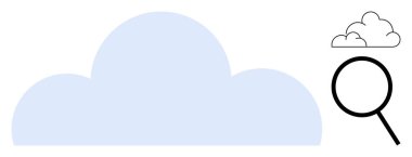 Büyüteç altında küçük bir bulut olan büyük mavi bulut bulut, bulut analizi, araştırma, depolama ya da keşif öneriyor. Teknoloji, veri, yenilik ve bulut hesaplama için ideal