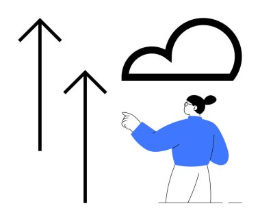 Bulut deposu, veri transferi, dijital ilerleme, teknoloji büyümesi, bilgi yüklemesi, yenilik. Bir insan yukarı doğru ok atan bir bulutu işaret eder. Bulut depolama ve veri transfer kavramı