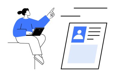 Dijital profil kavramı. Çevrimiçi profilleri yöneten ve dijital kimliklerle etkileşim içinde olan biriyle dijital kimliğin modern tasviri. Dijital iş akışı, çevrimiçi kimlik ve profil için