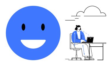 İş ve mutluluk. Bir kadın temiz bir çalışma alanında dizüstü bilgisayar kullanırken mutlu yüz pozitifliğini gösteriyor. İş-yaşam dengesi kavramı mutluluk ve verimliliği birleştiriyor. İş, sağlık, takım çalışması için.