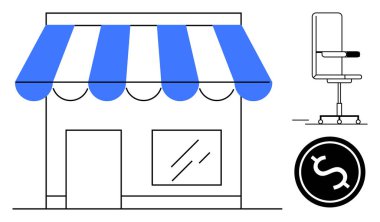 Perakende işi, girişimcilik, yerel mağaza, finansal işlemler, girişim girişimleri, müşteri hizmetleri. Çizgili tenteli, ofis sandalyesi ve dolar simgesi olan bir mağaza önü. Perakende işi