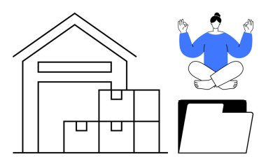 Üretkenlik, organizasyon, farkındalık, lojistik, veri yönetimi, depolama çözümleri. Kutuları olan depo, meditasyon yapan kişi ve dijital klasör simgesi. Düzen ve farkındalık