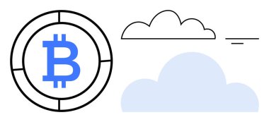 Bitcoin konsepti. Bitcoin simgesi, bulut grafikleri kripto para birimi ve dijital finans ile birleştirildi. Bitcoin ve bulut hesaplama merkezi olmayan finans ve dijital veri yönetimi. Fintech için, engelleme zinciri