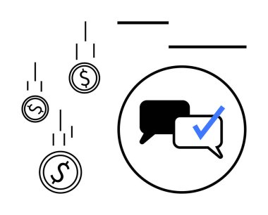 Konuşma baloncuğu, işaretli güvenli iletişimi sembolize ediyor. Yanında da düşen paralar var. Finans, güvenlik, ödeme sistemleri, e-ticaret, doğrulama, mesajlaşma, basit daire