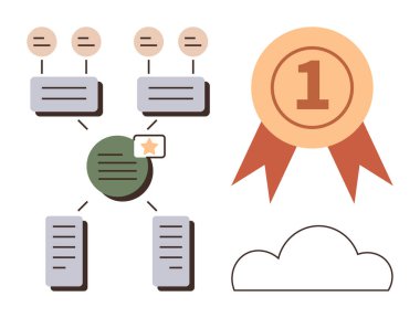 Belgeler, bağlantılar, bulutlar ve rozet içeren akış şeması, yıldız ve bir numara. İş akışı, başarı, üretkenlik, başarı, iş süreçleri için ideal basit düz metafor.