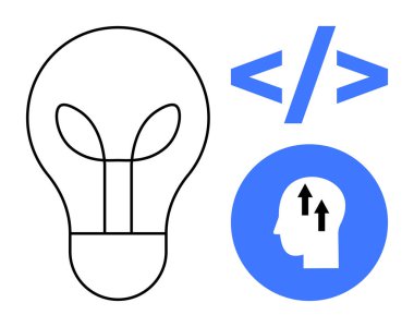 Yenilik kavramı. Ampulün icadı, açı ayraçları ile kodlama, ve ok başlıklı bir simge ile büyüme. Teknoloji, büyüme, problem çözme ve yazılımda yenilik. İş hayatında kullanışlı