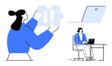 Çalışma akışı konsepti. Yapboz parçaları ve bilgisayar odaklarıyla iş akışı çözümleri bulan bir kadın. Çalışma akışı verimliliği, uzak çalışma, iş stratejileri, işbirliği araçlarını artırır