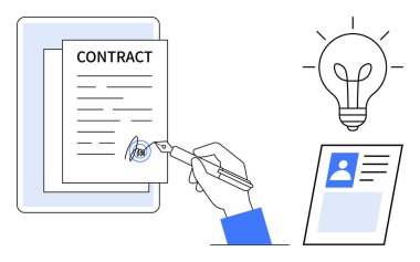 Sözleşme imzalama konsepti. Antlaşma çerçevesinde anlaşmalar ve taahhütlerin vurgulandığı bir belgeyi elle imzalamak. Ticari işlemlerde yasal belge olarak sözleşme, fikri mülkiyet