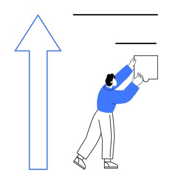 İş büyümesi konsepti. Yükselen büyük bir ok ilerlemesi ve başarı, kutu stratejik planlamasını ayarlayan bir figürle. Sunumlar, girişimcilik, yönetim, planlama ve takım çalışması için tasarlandı