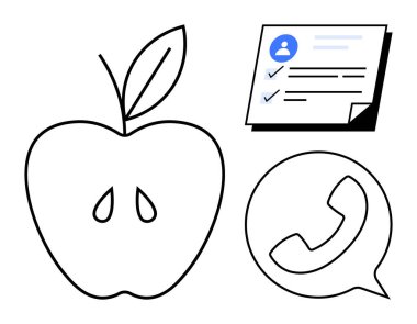 Elma meyvesi taslağı, profil listesi ve konuşma balonunda telefon simgesi. Sağlık, iletişim, organizasyon, üretkenlik, kişisel büyüme, haberleşme ve müşteri desteği için ideal