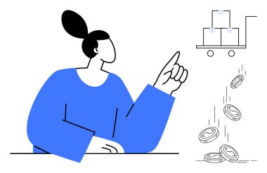 İş finansmanı, lojistik, nakliye, kaynak yönetimi, yatırım, e-ticaret. Bozuklukları işaret eden ve yük arabasındaki kutuları istiflemiş bir kadın. İş finans ve lojistik kavramı