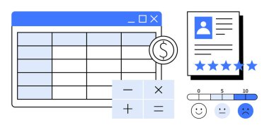 Döviz sembolü, hesap makinesi düğmeleri, derecelendirme yıldızları ve geri bildirim ölçeği ile hesap tablosu arayüzü. Finans, bütçe, veri analizi, müşteri geribildirimi, muhasebe ve planlama için ideal