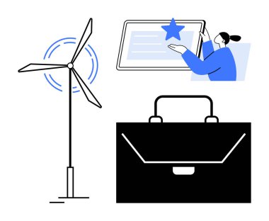 Yenilenebilir enerji, çevrimiçi öğrenme, kariyer büyümesi, iş araçları, sürdürülebilirlik, dijital platformlar. Vektör rüzgar türbinini ön plana çıkarıyor, yıldız iş çantalı dijital ekran. Yenilenebilir enerji