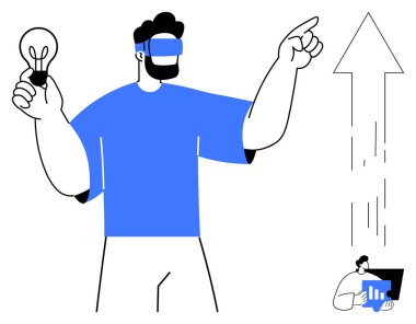 Yenilik, sanal gerçeklik, veri analizi, iş büyümesi, fütüristik teknoloji, yaratıcı fikirler. VR kulaklık takan, elinde ampul tutan ve yukarı doğru ok atan biri. Yenilik ve sanal