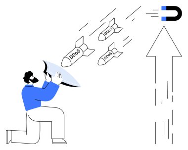 Siber güvenlik, ağ koruması, DDOS hafifletme, internet güvenliği, veri savunması, güvenlik farkındalığı. Adamın biri DDOS etiketli siber tehditleri engellemek için kalkan kullanıyor. Siber güvenlik ve ağ koruması