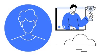 Soyut portre avatarı ve elinde kupa tutan birini gösteren bir video ekranı. Kimlik, sanal ödüller, bulut hesaplama, profil oluşturma, dijital tanıma, teknoloji için ideal