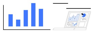 İş analizleri, veri görselleştirme, performans takibi, finansal içgörü, kurumsal strateji, raporlama araçları. Mavi çubuklu bar tablosu ve veri grafikli laptop ekranı. İş dünyası