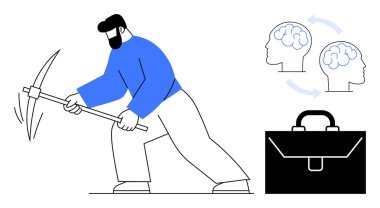 Sıkı çalışma, entelektüel yaratıcılık, profesyonel büyüme, kaynak çıkarma, bilgi madenciliği, iş stratejileri. Beyin diyagramı ve evrak çantasının yanında kazma sallayan bir işçi. Sıkı çalışma.