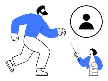 Bir kişi bir kullanıcı profili simgesine doğru yürürken, bir başkası bir belgeyi işaretleyici ile açıklıyor. Takım çalışması, hedef belirleme, kariyer büyümesi, heyet, liderlik, işbirliği, basit