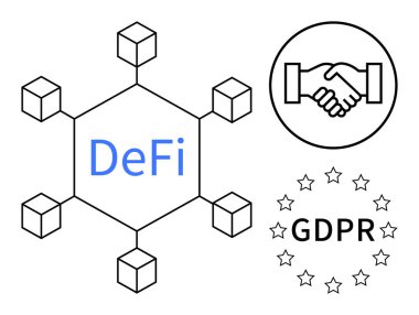 DeFi konsepti. Merkezi olmayan finansman, blok zinciri yapısı, GDPR uyum yıldızları ve ortaklık için tokalaşma. Fintech, veri gizliliği, engelleme zinciri, yönetmelikler ve işletmeler için geçerlidir