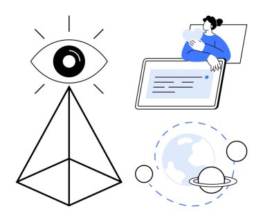 Vizyon konsepti. Fütürist tasarımlar sembolik piramit göz, dijital tabletli insan ve gezegen sistemleri. Teknoloji, yenilik, boşluk, eğitim ve tasarım vizyonu