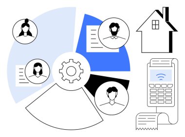 Uzaktan takım çalışması, finansal sistemler, işbirliği araçları, iş iletişimi, veri örgütü, ödeme teknolojisi. İnsan profili, ev simgesi ve ödeme terminali içeren resimli teçhizat