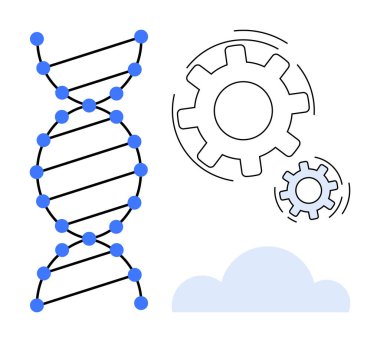 Biyoteknoloji, biyoenformatik, genetik, yenilik süreçleri, bulut hesaplama, veri analizi. Görüntü DNA ipliği, dişliler ve bir bulut simgesi içeriyor. Biyoteknoloji ve bulut hesaplama kombinasyonu