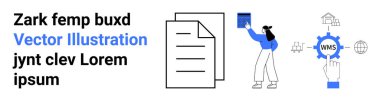 Belge yönetimi, iş akışı otomasyonu, dijital araçlar, lojistik, iş operasyonları, veri depolama. Bir insan, belgeler ve dijital aletlerle etkileşim içindedir. Belge yönetimi ve iş akışı otomasyonu