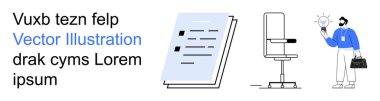 Ofis araçları, yaratıcılık, iş fikirleri, yenilik, iş akışı, iş yeri kurulumu. Bir belge, bir ofis sandalyesi ve elinde ampul tutan biri. Yaratıcılık ve iş fikirleri kavramı