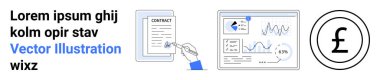 Finans, veri görselleştirme, döviz kuru, iş anlaşması, pazarlama stratejisi, fintech çözümler. Elle kontrat, analitik gösterge paneli para birimi sembolü. Finans ve veri