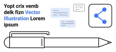 Dijital iletişim, yazma araçları, içerik paylaşımı, medya ağları, kullanıcı arayüzü tasarımı, eğitim. Metin ve sosyal medya simgesiyle kalem illüstrasyonu. Dijital iletişim ve yazma araçları