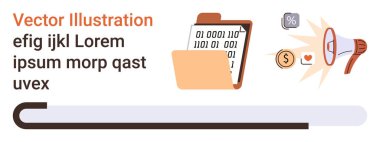 Dijital pazarlama, veri analizi, içerik oluşturma, iş, reklam araçları, teknoloji. İkili kodlu dizin, megafon yüzdesi para birimi ve kalp simgeleri. Dijital pazarlama ve veri
