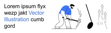 İlerleme, el emeği, iş sorunları, büyüme potansiyeli, verimlilik, motivasyon. İşçi kazma kullanıyor, oklar yukarı doğru momentum gösteriyor. İlerleme ve el emeği kavramları