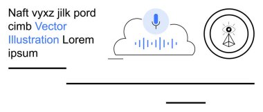 Ses tanıma, bulut hesaplama, ses teknolojisi, veri güvenliği, izleme, ses analizi. Bulutların üstünde ses dalgalı mikrofon simgesi. Ses tanıma ve bulut hesaplama kavramı