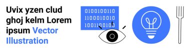 Yenilik, teknoloji, kodlama, dijital fikirler, yaratıcılık, veri analizi. Gözlü ikili kod, ampul ikonu çatalı. Yenilik ve teknoloji kodlama ve yaratıcılık yoluyla keşfedildi
