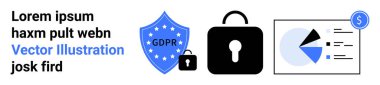 GDPR uyum kalkanı, asma kilit simgesi, dolar sembollü pasta grafiği analizi. Veri koruması, uyum, siber güvenlik, çevrimiçi mahremiyet, güvenli işlemler, basit analitik iniş sayfası için ideal