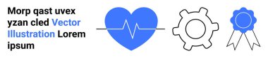 Sağlık, iş akışı, başarı, ilerleme, yenilik, ödüller. Kalp atışı çizgisi, vites ve ödüllü mavi ve siyah renkli bir kalp. Sağlık ve iş akışı kavramları