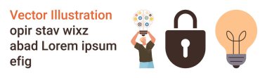 Yaratıcılık, siber güvenlik, fikirler, yenilik, veri güvenliği, entelektüel kavramlar. İnsanlar birbirine bağlı ikonlar, kilitli asma kilit ampul sembolü. Yaratıcılık ve siber güvenlik kavramsal olarak
