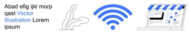 E-ticaret, kablosuz teknoloji, dijital pazarlama, bağlantı çözümleri, çevrimiçi perakende satış, perakende uygulamaları. E-ticaret mağaza önü grafikli kablosuz sinyal simgesi. E-ticaret ve kablosuz teknoloji