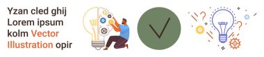 Yenilik, takım çalışması, beyin fırtınası, üretkenlik, yaratıcı çözümler, teknoloji. Ampulün, dişlilerin ve işaretin yanında çalışan biri. Yenilik ve takım çalışması kavramları
