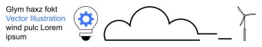 Yenilenebilir enerji, eko-teknoloji, sürdürülebilir tasarım, yeşil enerji kaynakları, yenilik, çevre. Bulutun minimalist çizimi, rüzgar türbini ve dişli ampul. Yenilenebilir enerji