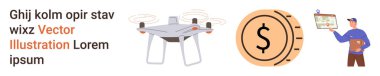 Quadcopter teknolojisi, finansal çözümler, seyrüsefer araçları, dağıtım sistemleri, uzak operasyonlar, modern teknolojiler. Bir Quadcopter, dolar işareti olan bir bozuk para ve panosu olan bir adam. İHA