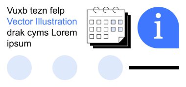 Zamanlama, iletişim, veri örgütü, planlama araçları, dijital içerik, iş akışı yönetimi. Özellikleri bir takvim, mavi bilgi simgesi ve soyut yer tutucular. Zamanlama ve iletişim