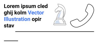 İş stratejisi, iletişim, karar verme, takım çalışması, planlama, danışmanlık. Kara satranç şövalyesi ve yer tutucu metni olan telefon ahizesi simgeleri. İş stratejisi ve iletişim konsepti