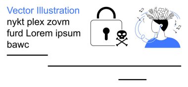 Siber güvenlik, kişisel sağlık, çevrimiçi sağlık, dijital güvenlik, zihinsel denge, yaratıcı odaklanma. Asma kilit sembolü ve bitkileri olan kişi, kafasında notalar. Siber güvenlik ve kişisel sağlık